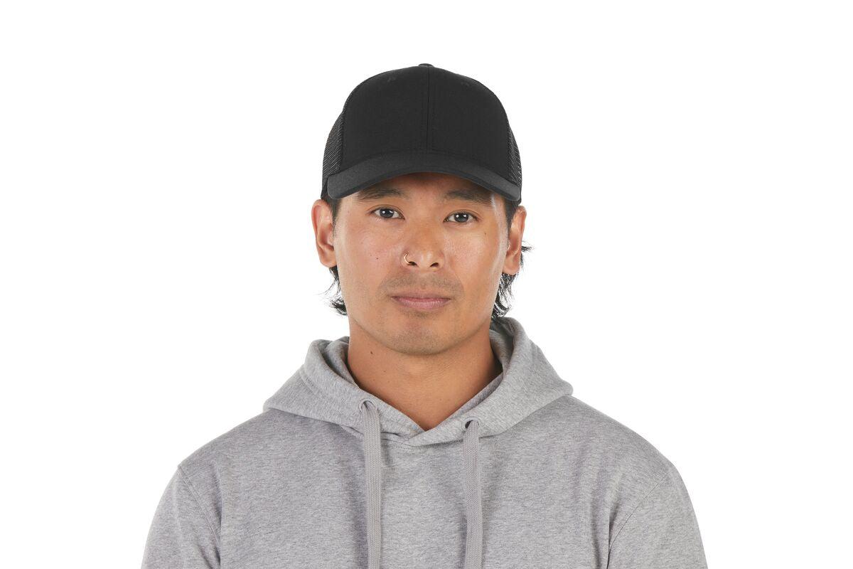 recycled-poly-low-profile-trucker-hat-i2 WebPDP-HAT002002_Recycled_Poly_Low_Profile_Trucker_Hat_Black_Studio_Harper_Studios_0723_Front__HAT002002OS.jpg